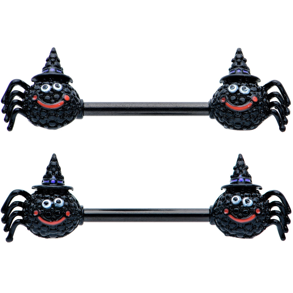 BodyCandy 14G 9/16 Black Halloween Smiling Spider Barbell Nipple Ring Set — detail close-up