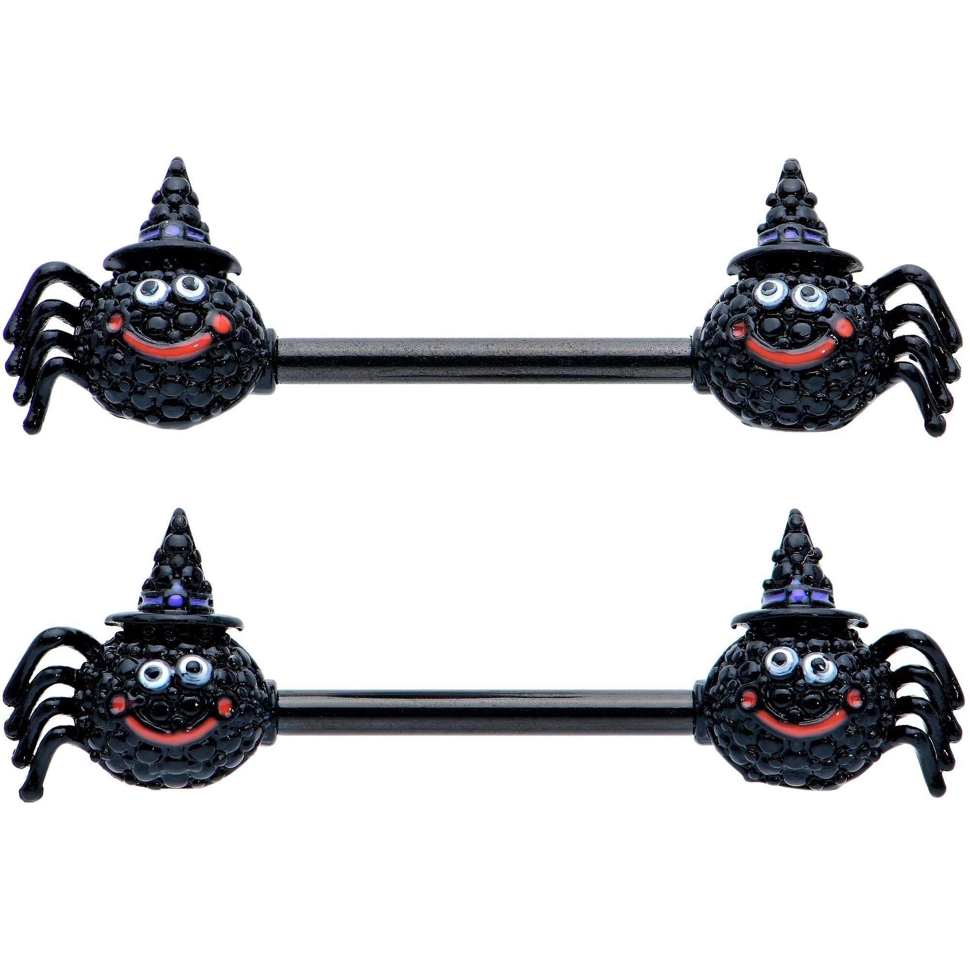 BodyCandy 14G 9/16 Black Halloween Smiling Spider Barbell Nipple Ring Set — detail close-up