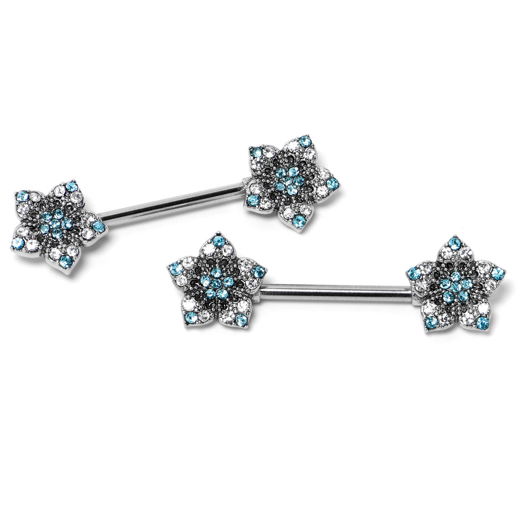BodyCandy 14G 9/16 Blue Clear Gem Opulent Flowers Barbell Nipple Ring Set — lifestyle context