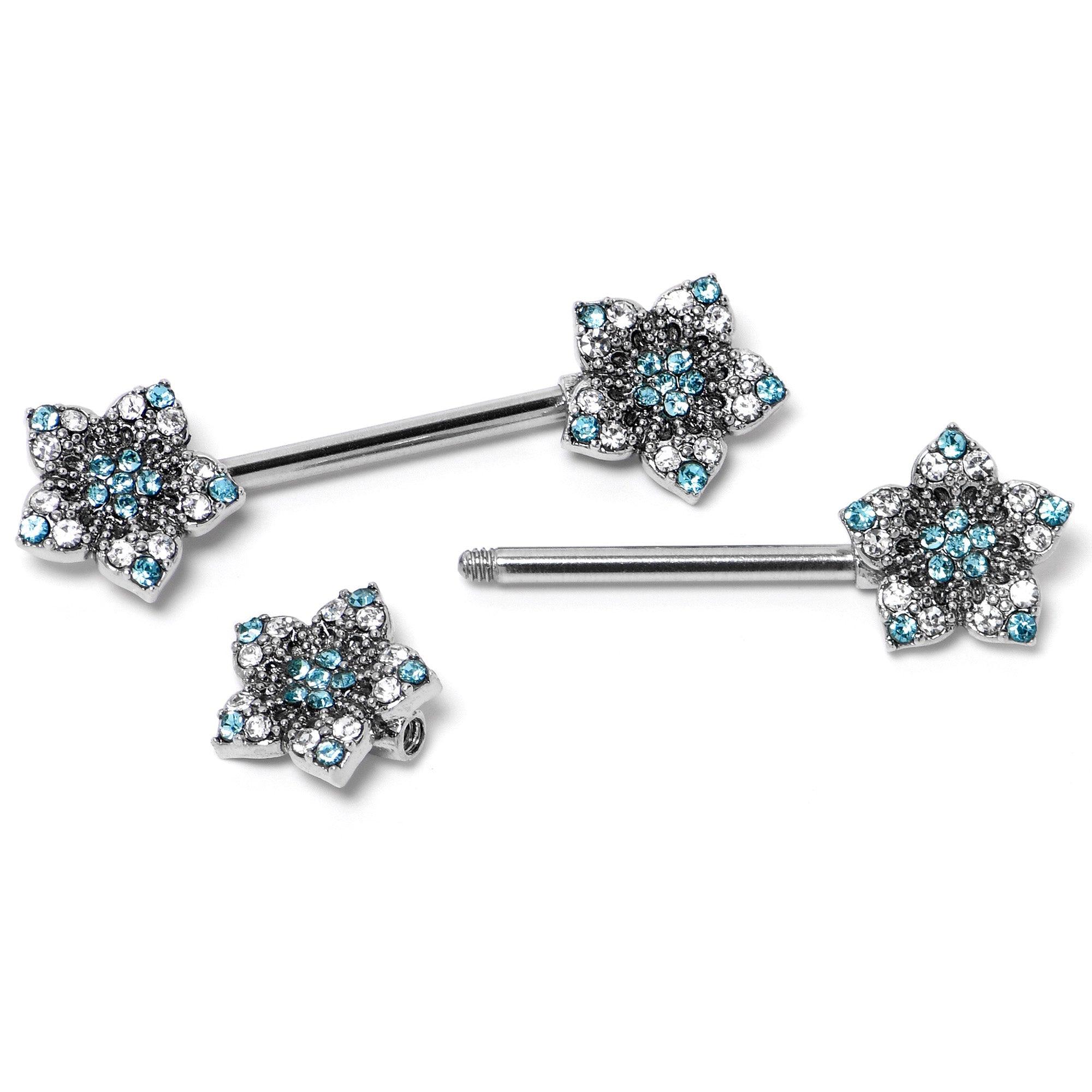 BodyCandy 14G 9/16 Blue Clear Gem Opulent Flowers Barbell Nipple Ring Set — side view