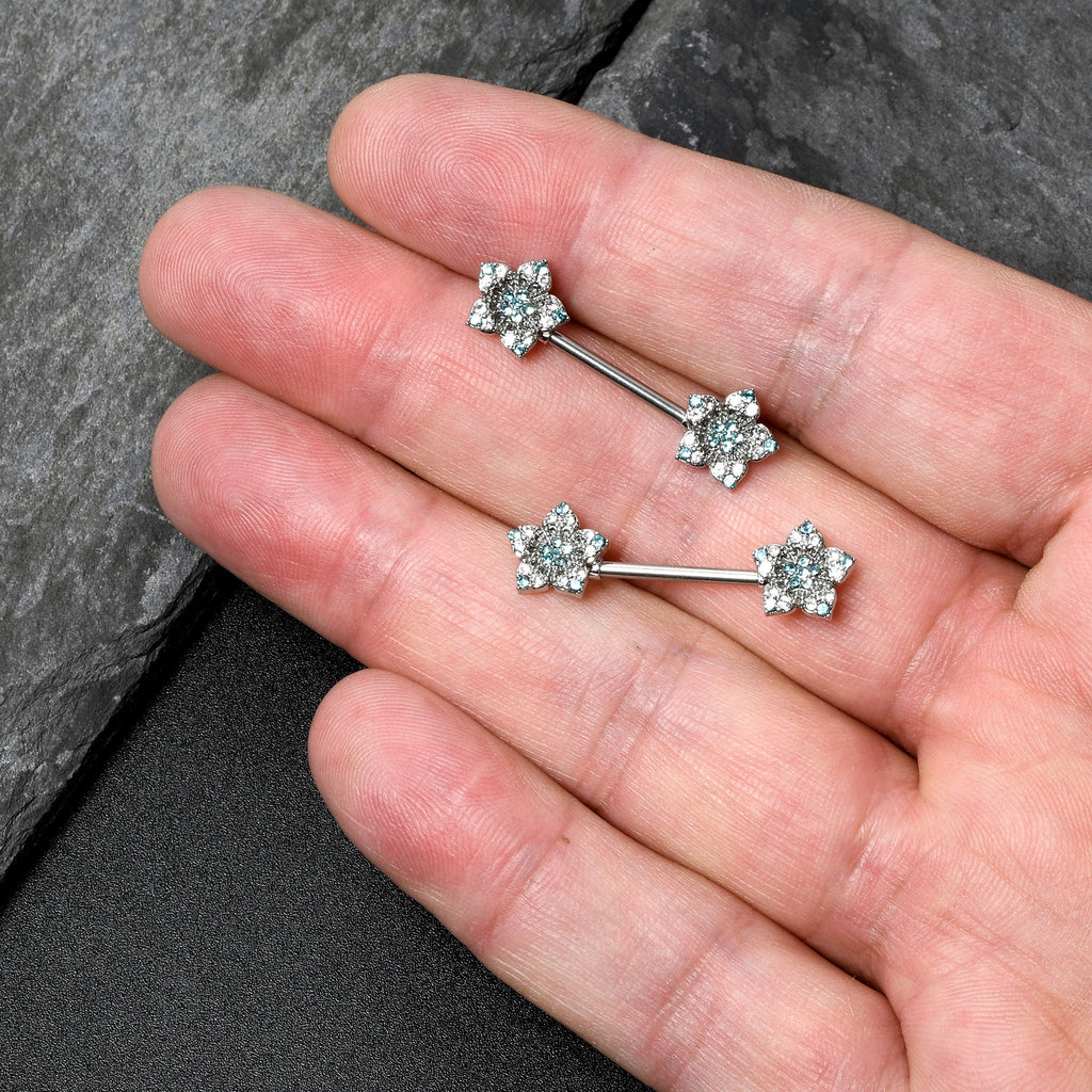 BodyCandy 14G 9/16 Blue Clear Gem Opulent Flowers Barbell Nipple Ring Set — back view