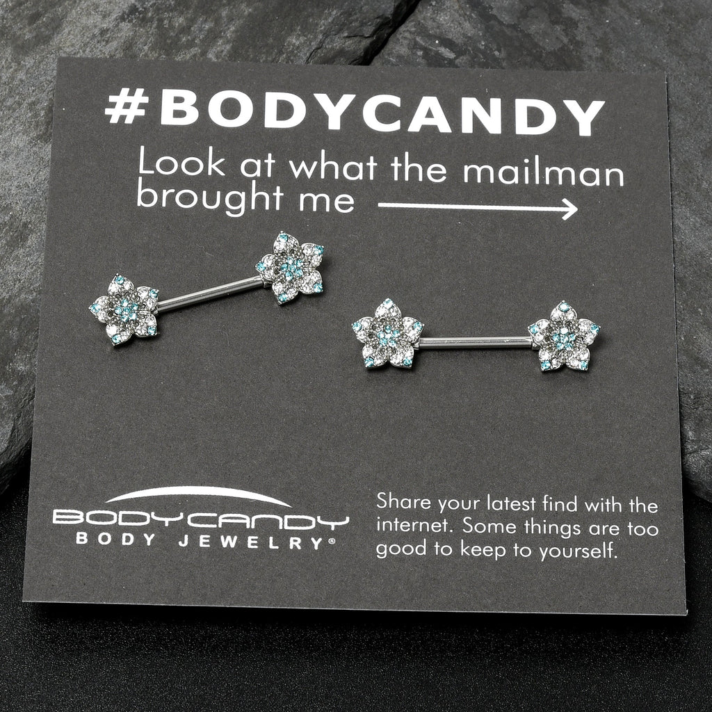 BodyCandy 14G 9/16 Blue Clear Gem Opulent Flowers Barbell Nipple Ring Set — alternative angle