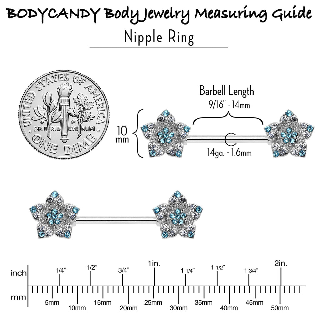 BodyCandy 14G 9/16 Blue Clear Gem Opulent Flowers Barbell Nipple Ring Set — in-use photo