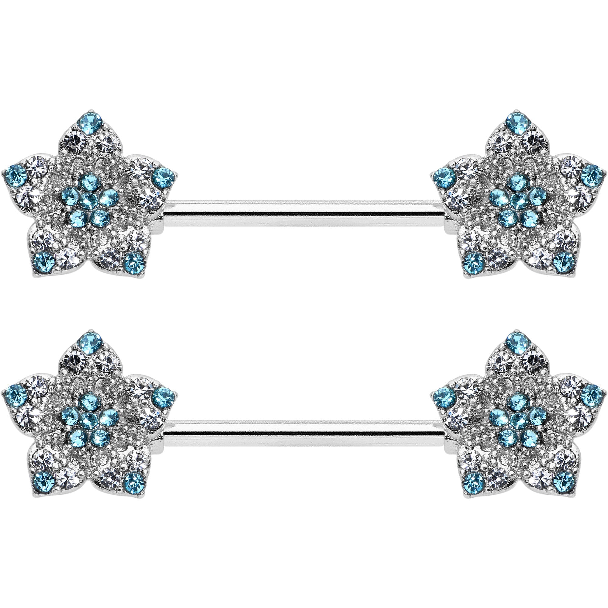 BodyCandy 14G 9/16 Blue Clear Gem Opulent Flowers Barbell Nipple Ring Set — size reference