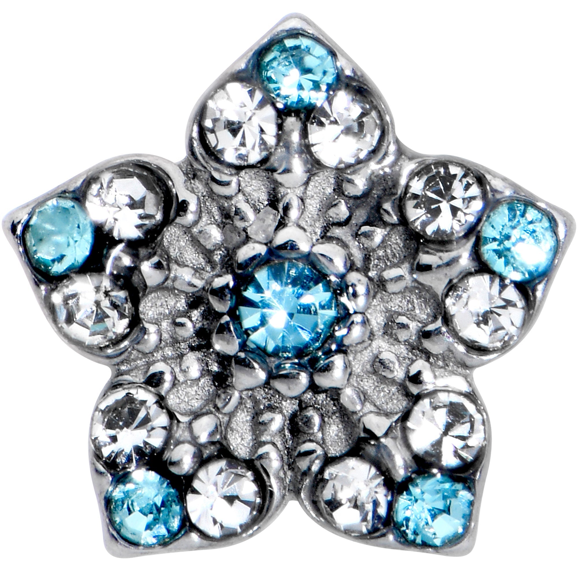 BodyCandy Blue Clear Gem Opulent Flower Barbell Tongue Ring — detail close-up