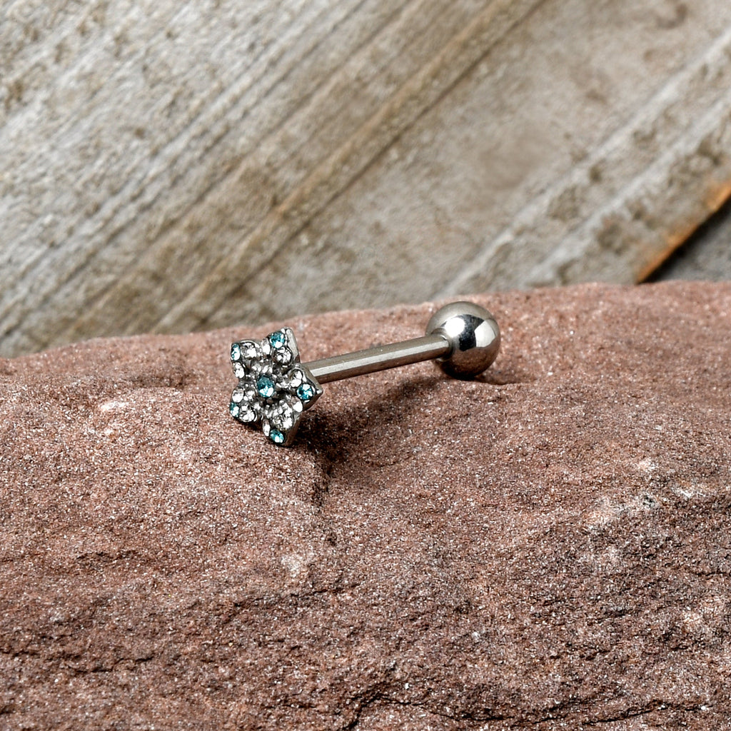 BodyCandy Blue Clear Gem Opulent Flower Barbell Tongue Ring — side view