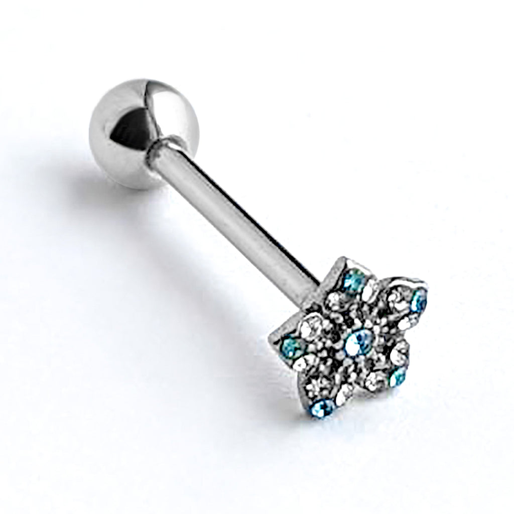 BodyCandy Blue Clear Gem Opulent Flower Barbell Tongue Ring — back view