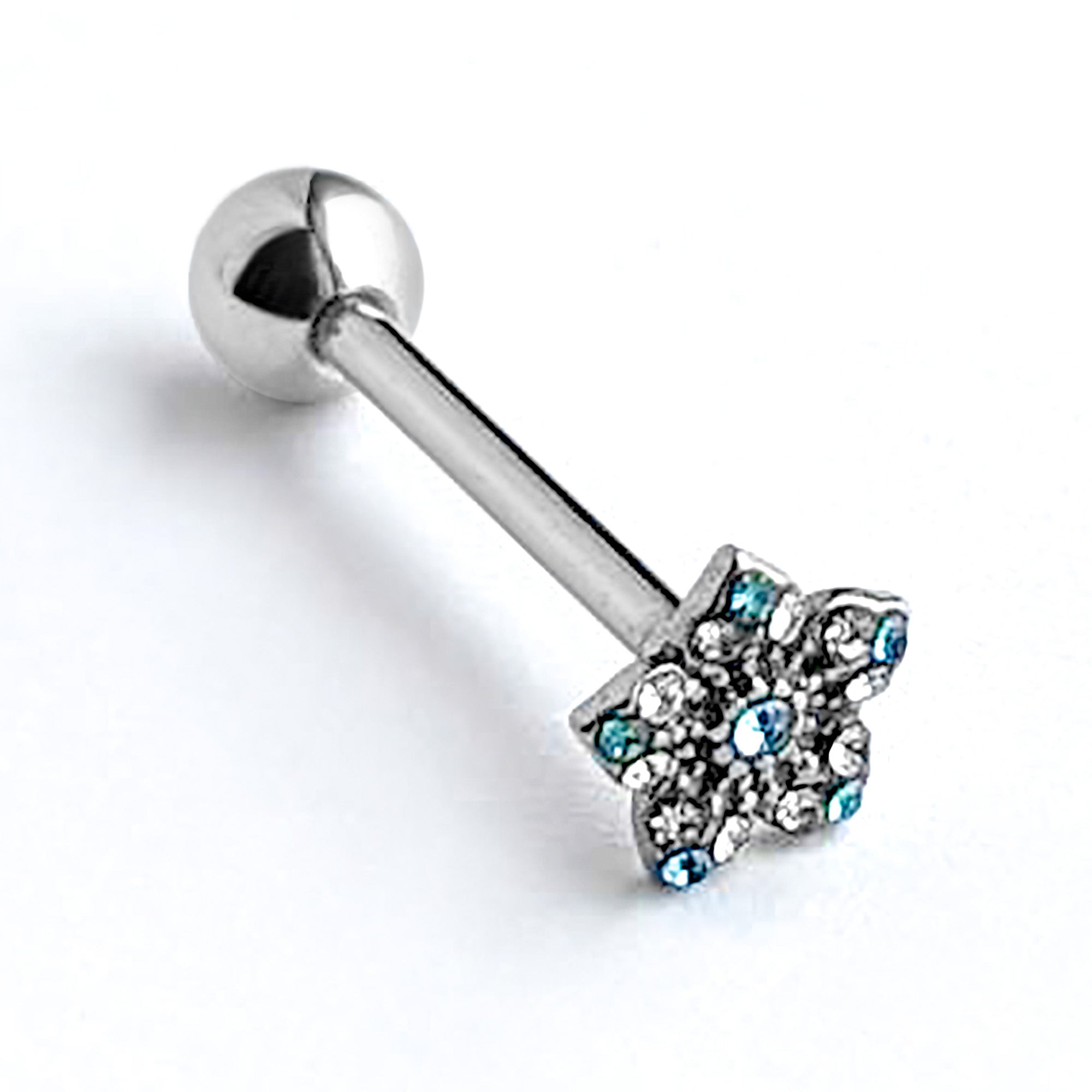 BodyCandy Blue Clear Gem Opulent Flower Barbell Tongue Ring — back view