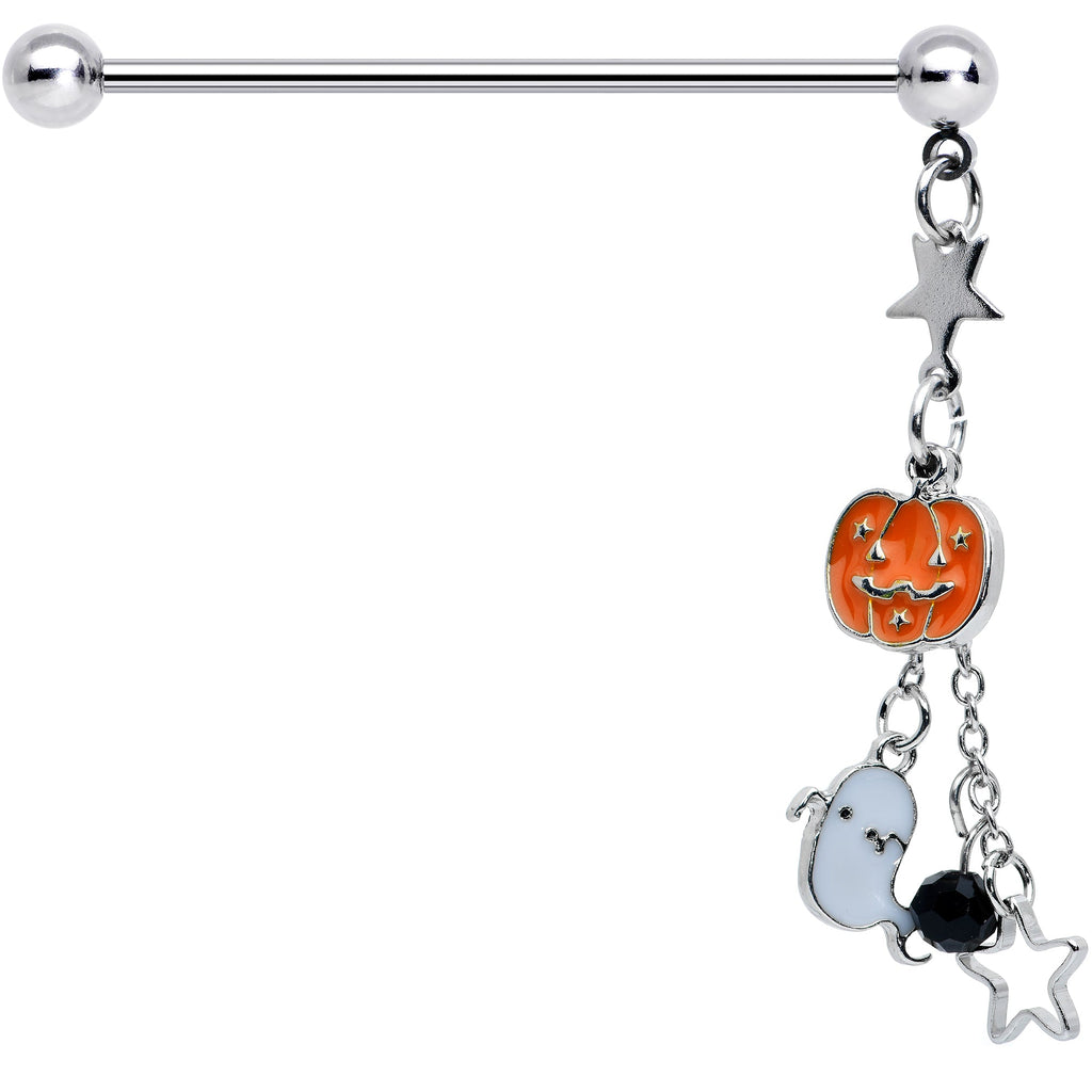 BodyCandy 14G Halloween Pumpkin Ghost Chain Dangle Industrial Barbell 38mm — detail close-up