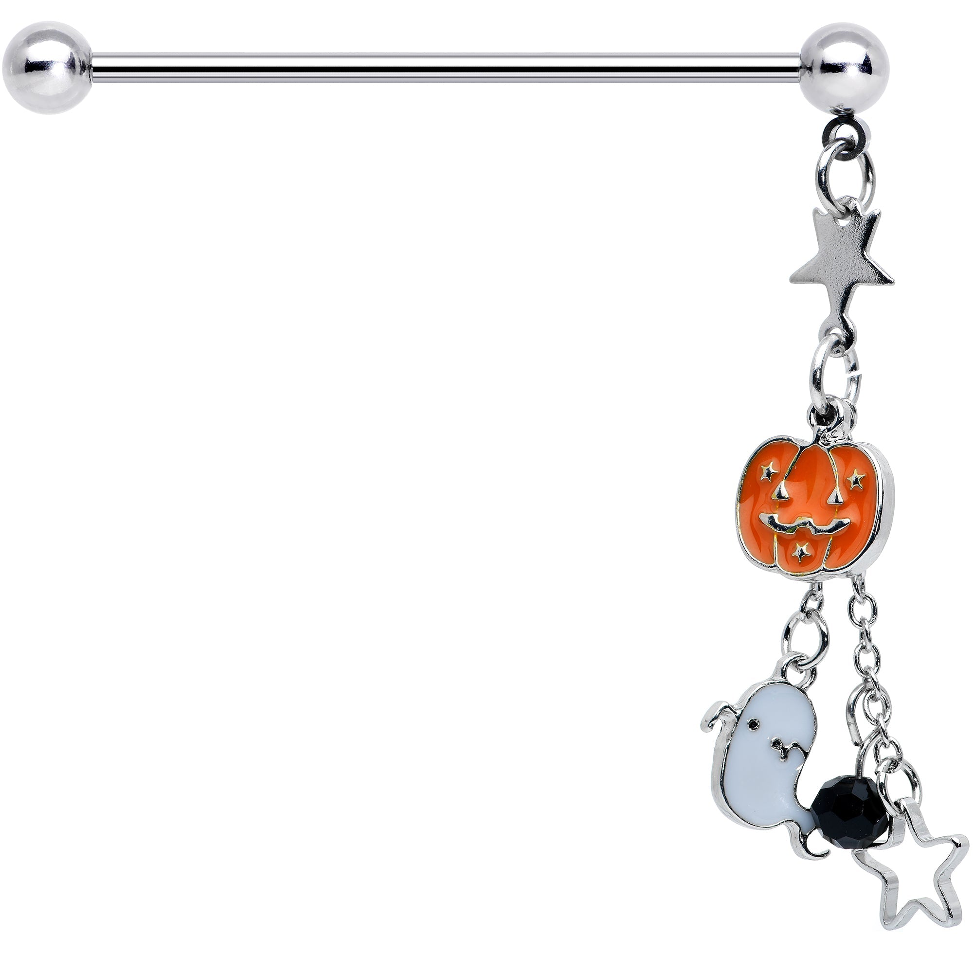 BodyCandy 14G Halloween Pumpkin Ghost Chain Dangle Industrial Barbell 38mm — detail close-up