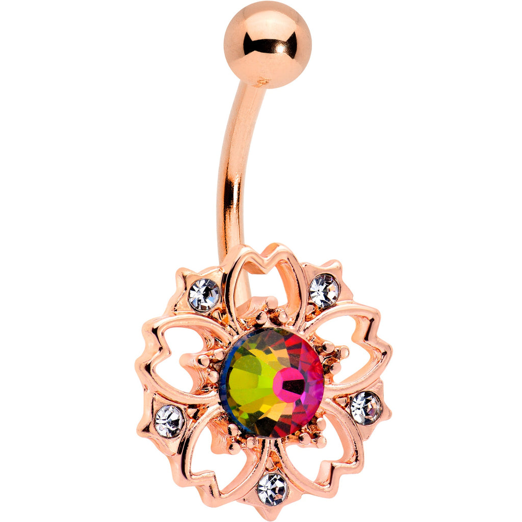 BodyCandy Dark Aurora Gem Rose Gold Tone Filigree Flower Belly Ring — main product shot