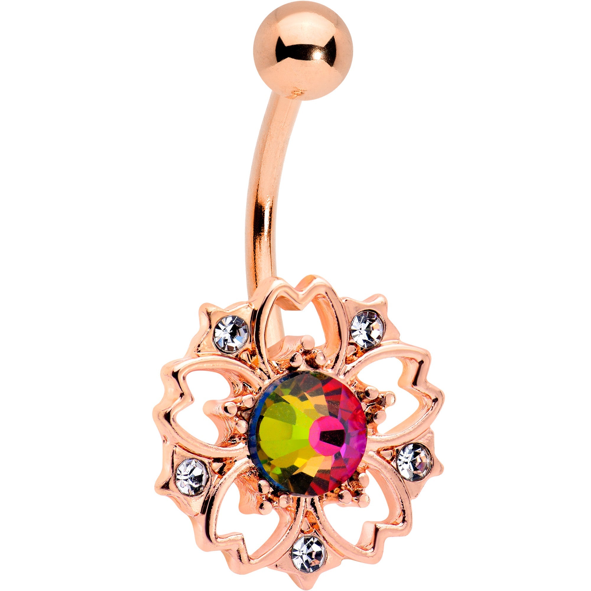 BodyCandy Dark Aurora Gem Rose Gold Tone Filigree Flower Belly Ring — main product shot