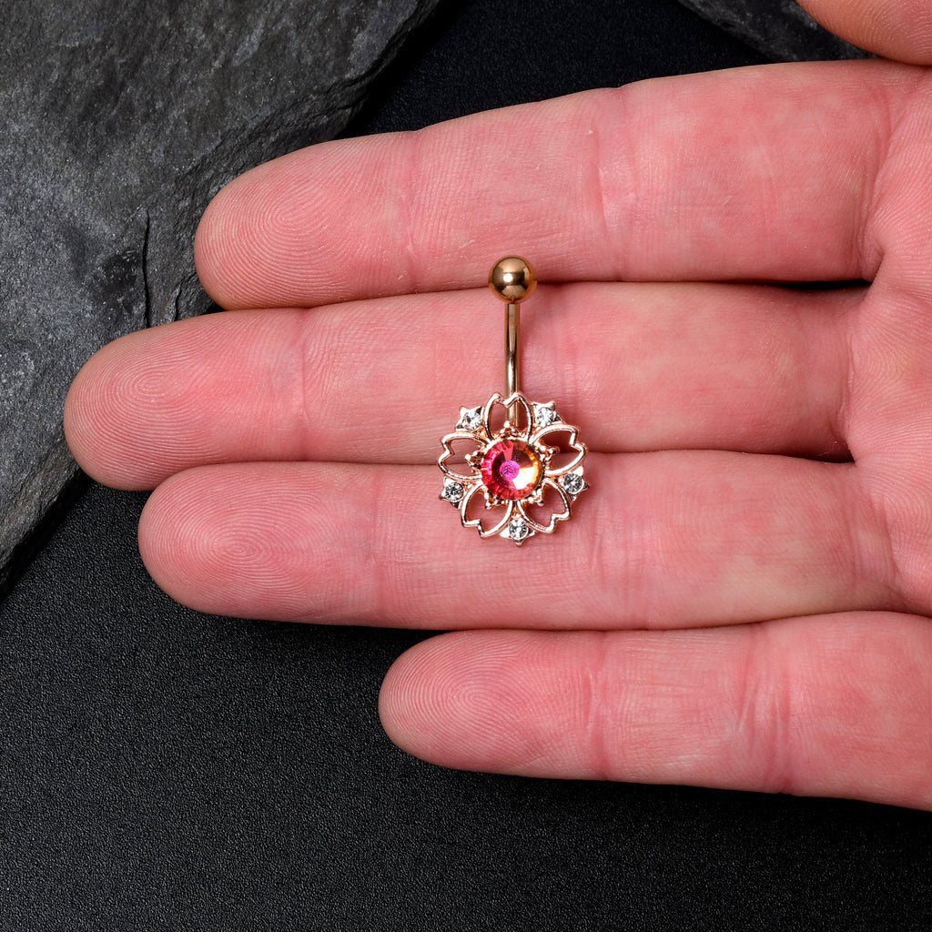 BodyCandy Dark Aurora Gem Rose Gold Tone Filigree Flower Belly Ring — detail close-up