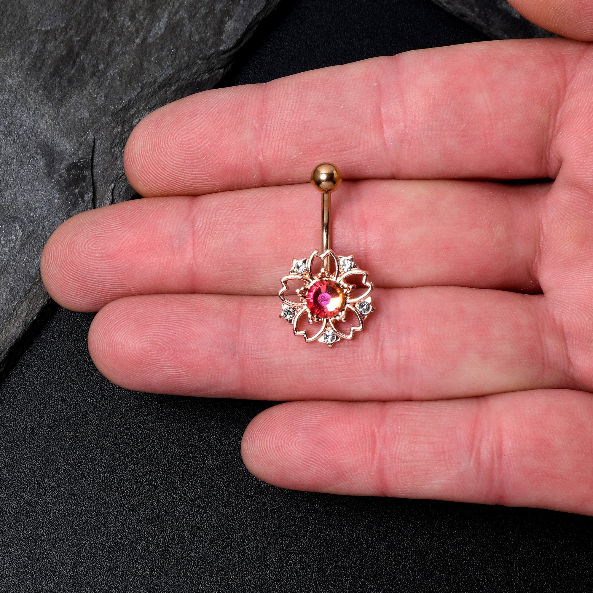 BodyCandy Dark Aurora Gem Rose Gold Tone Filigree Flower Belly Ring — detail close-up