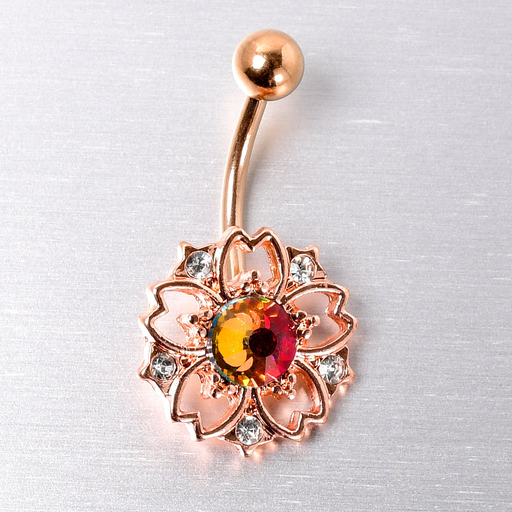 BodyCandy Dark Aurora Gem Rose Gold Tone Filigree Flower Belly Ring — lifestyle context
