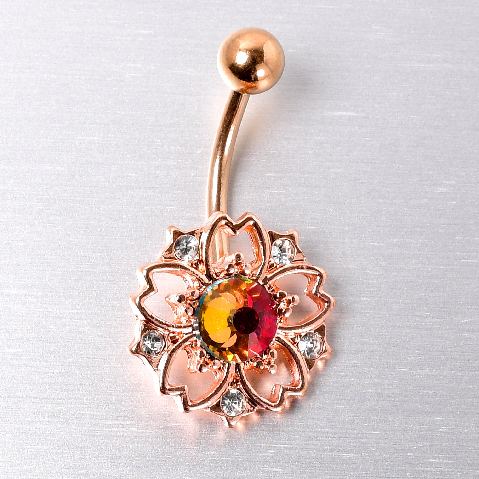 BodyCandy Dark Aurora Gem Rose Gold Tone Filigree Flower Belly Ring — lifestyle context