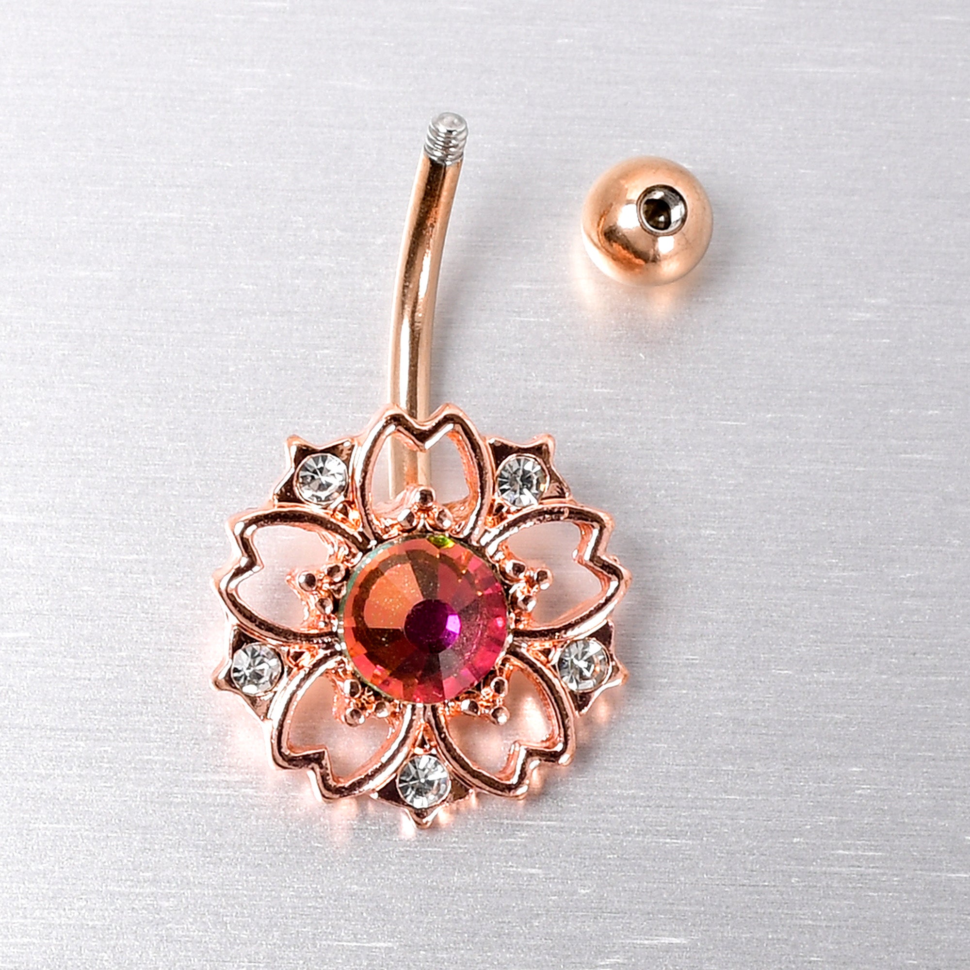 BodyCandy Dark Aurora Gem Rose Gold Tone Filigree Flower Belly Ring — side view