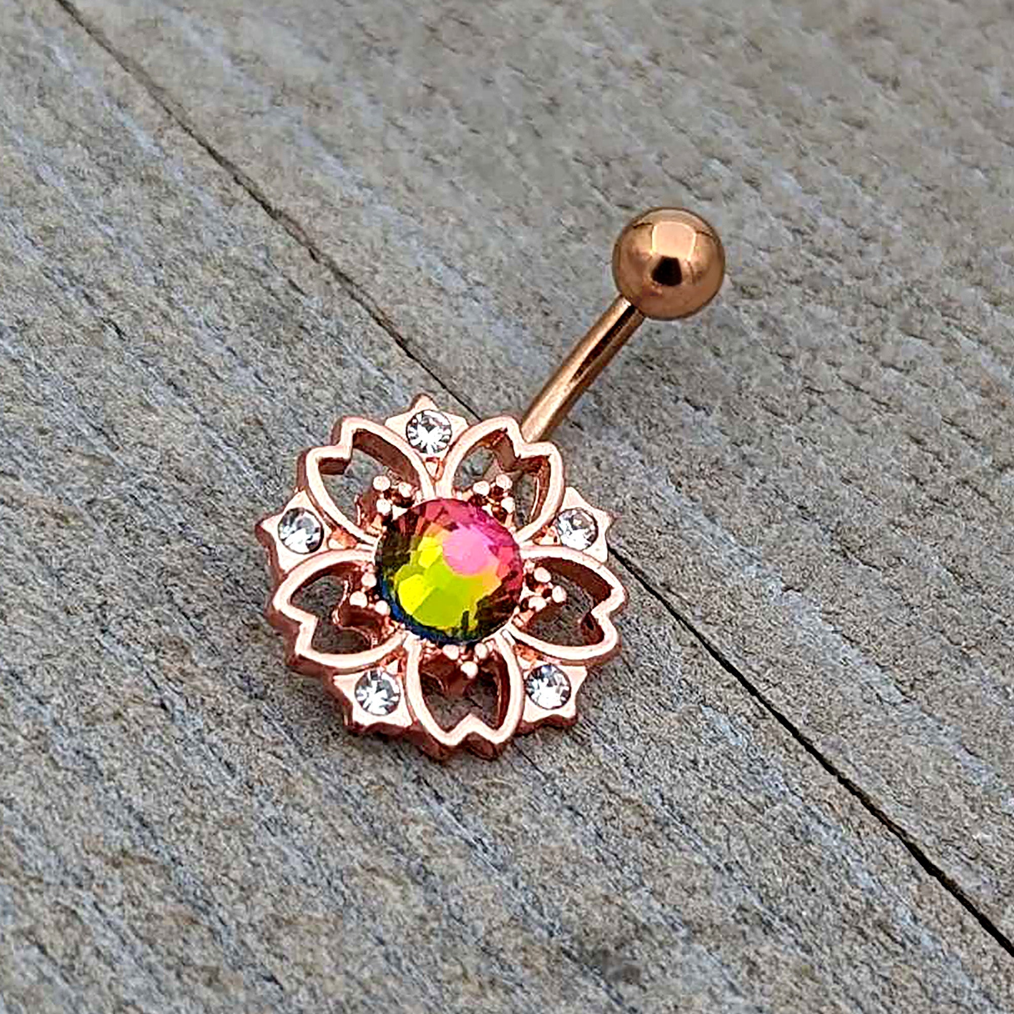 BodyCandy Dark Aurora Gem Rose Gold Tone Filigree Flower Belly Ring — alternative angle
