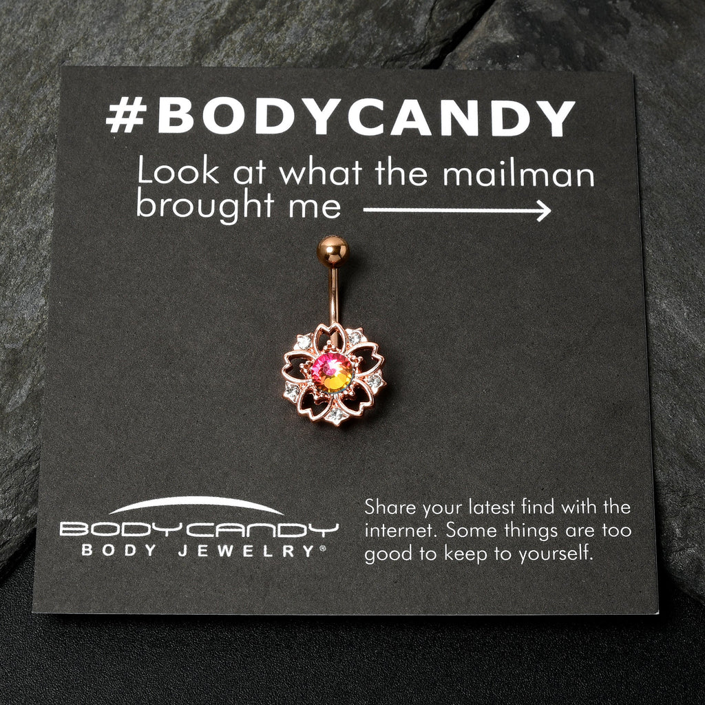 BodyCandy Dark Aurora Gem Rose Gold Tone Filigree Flower Belly Ring — in-use photo