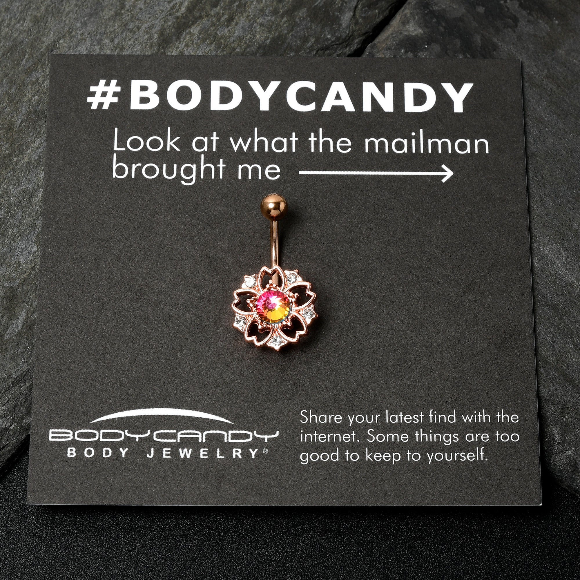BodyCandy Dark Aurora Gem Rose Gold Tone Filigree Flower Belly Ring — in-use photo
