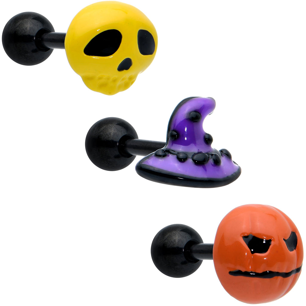 BodyCandy 16G 1/4 Black Skull Pumpkin Cartilage Tragus Earring Set of 3 — main product shot