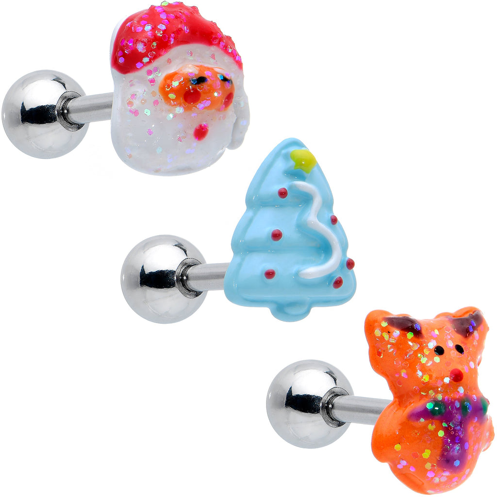 BodyCandy 16G 1/4 Glitter Santa Tree Reindeer Cartilage Earring Set of 3 — main product shot