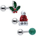 BodyCandy 16G 1/4 Red Gem Santa Hat Holly Sprig Cartilage Earring Set of 3 — main product shot