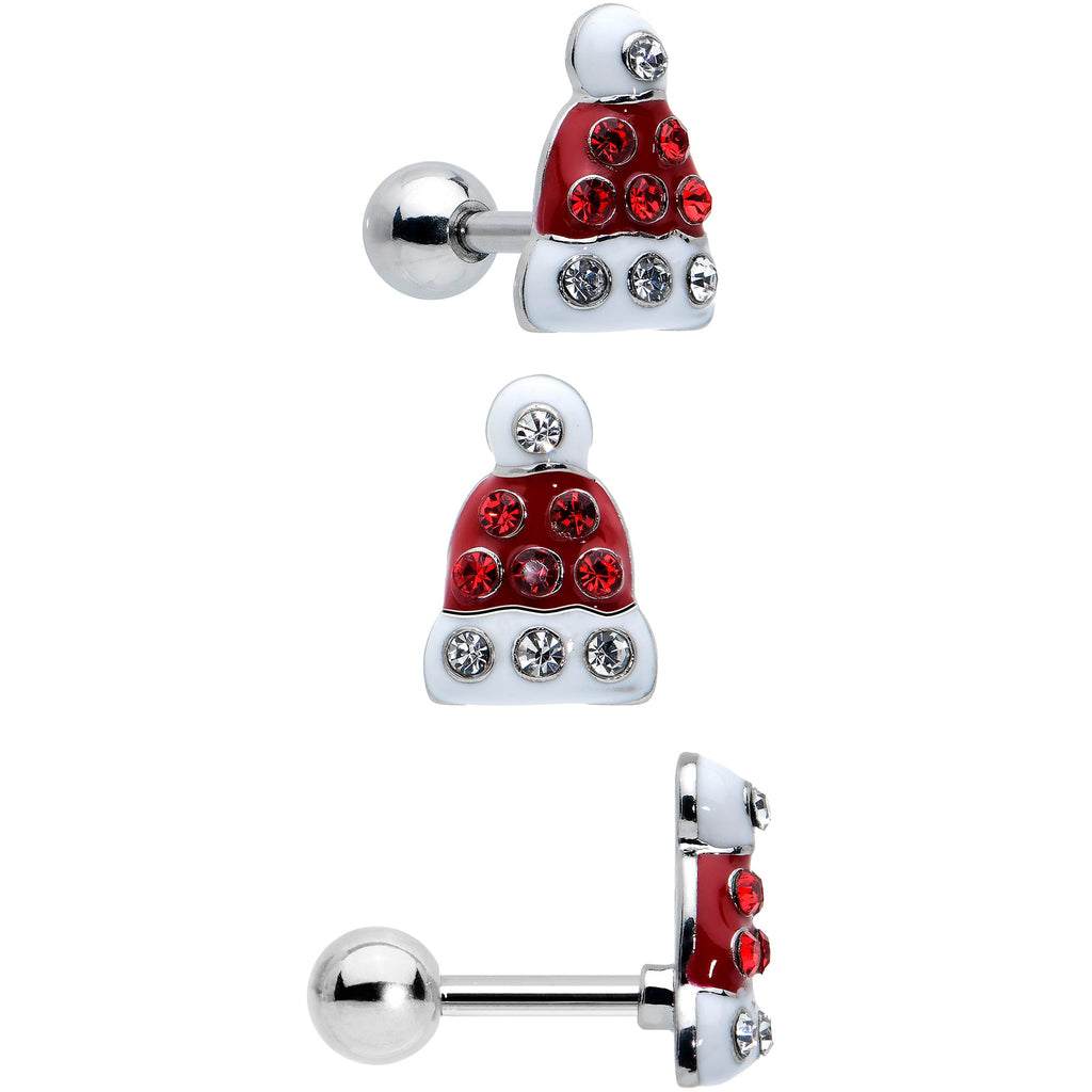 BodyCandy 16G 1/4 Red Gem Santa Hat Holly Sprig Cartilage Earring Set of 3 — detail close-up
