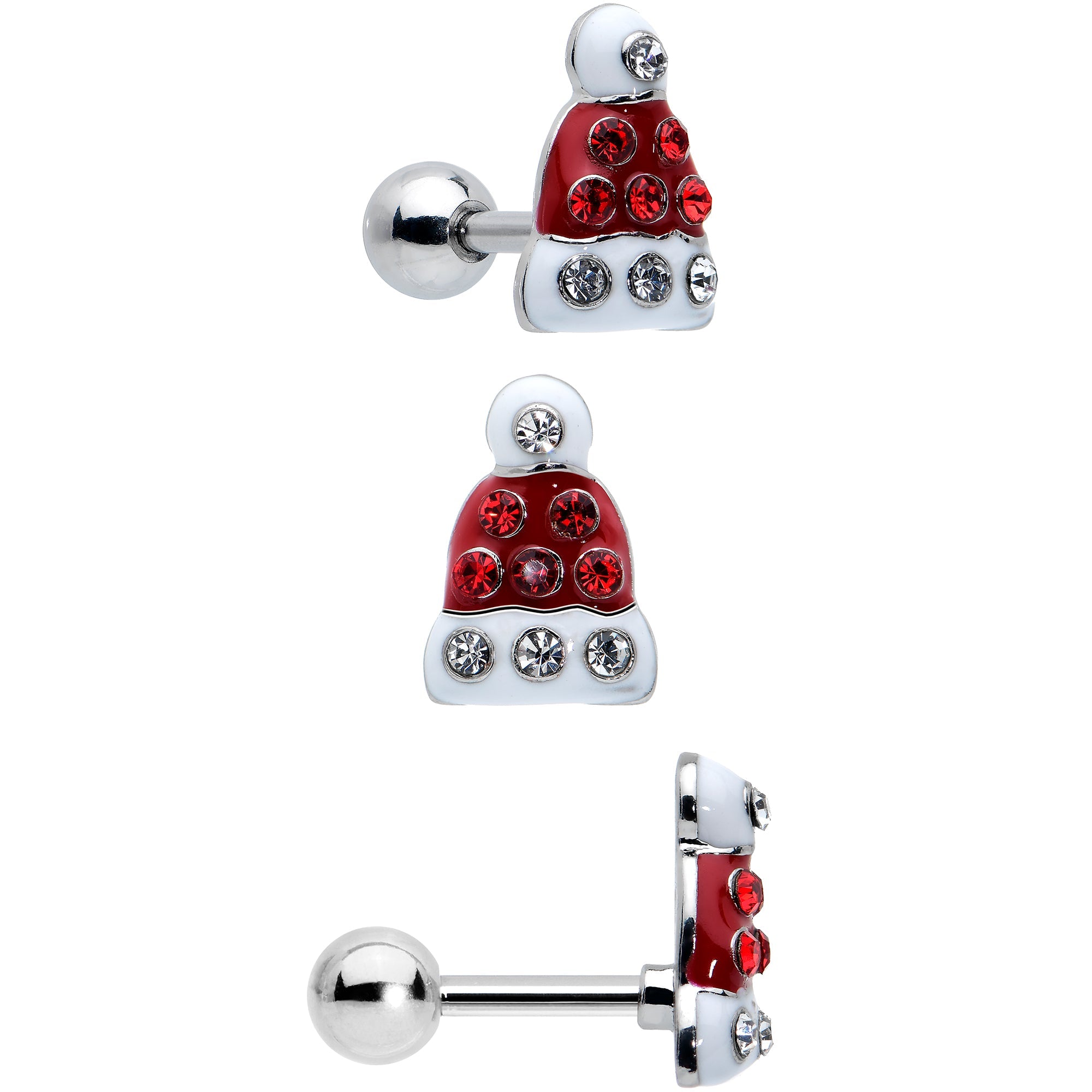 BodyCandy 16G 1/4 Red Gem Santa Hat Holly Sprig Cartilage Earring Set of 3 — detail close-up