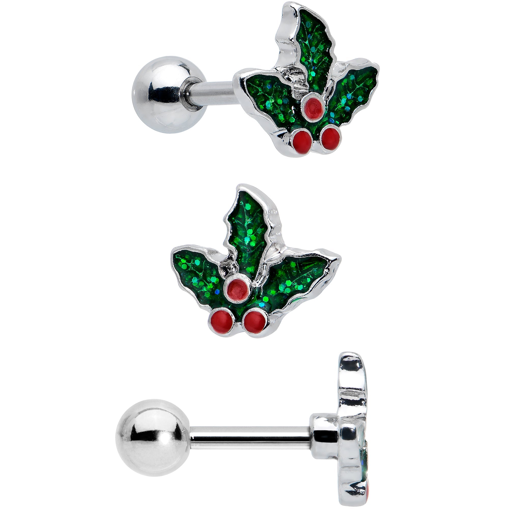 BodyCandy 16G 1/4 Red Gem Santa Hat Holly Sprig Cartilage Earring Set of 3 — lifestyle context