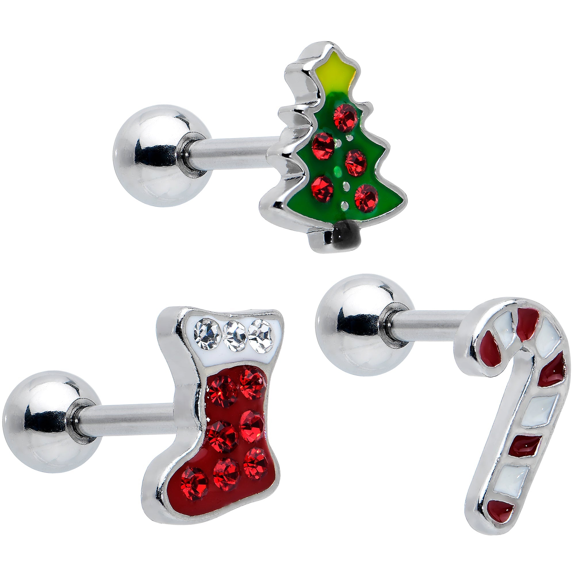 BodyCandy 16G 1/4 Clear Gem Stocking Candy Cane Cartilage Earring Set of 3 — main product shot