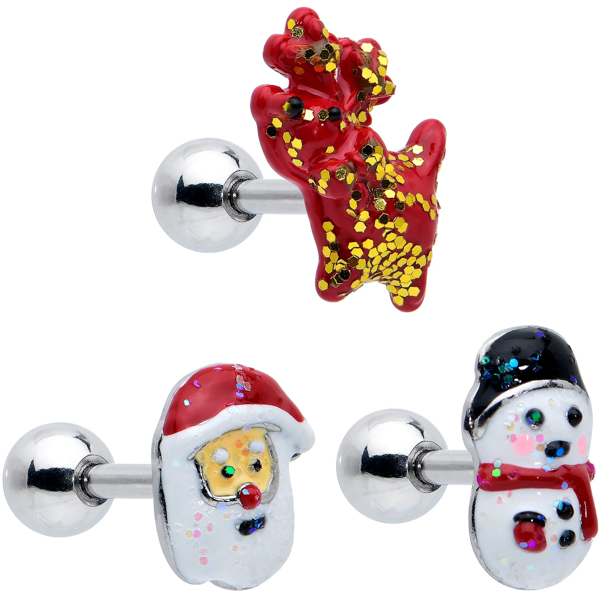 BodyCandy 16G 1/4 Reindeer Snowman Christmas Cartilage Earring Set of 3 — main product shot