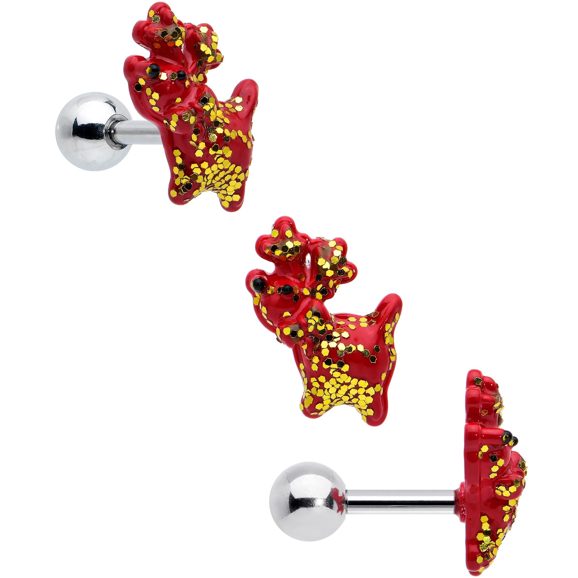 BodyCandy 16G 1/4 Reindeer Snowman Christmas Cartilage Earring Set of 3 — detail close-up