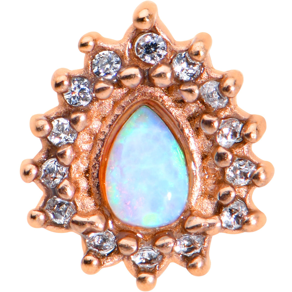 BodyCandy White Synthetic Opal Rose Gold Tone Drop Barbell Tongue Ring — detail close-up