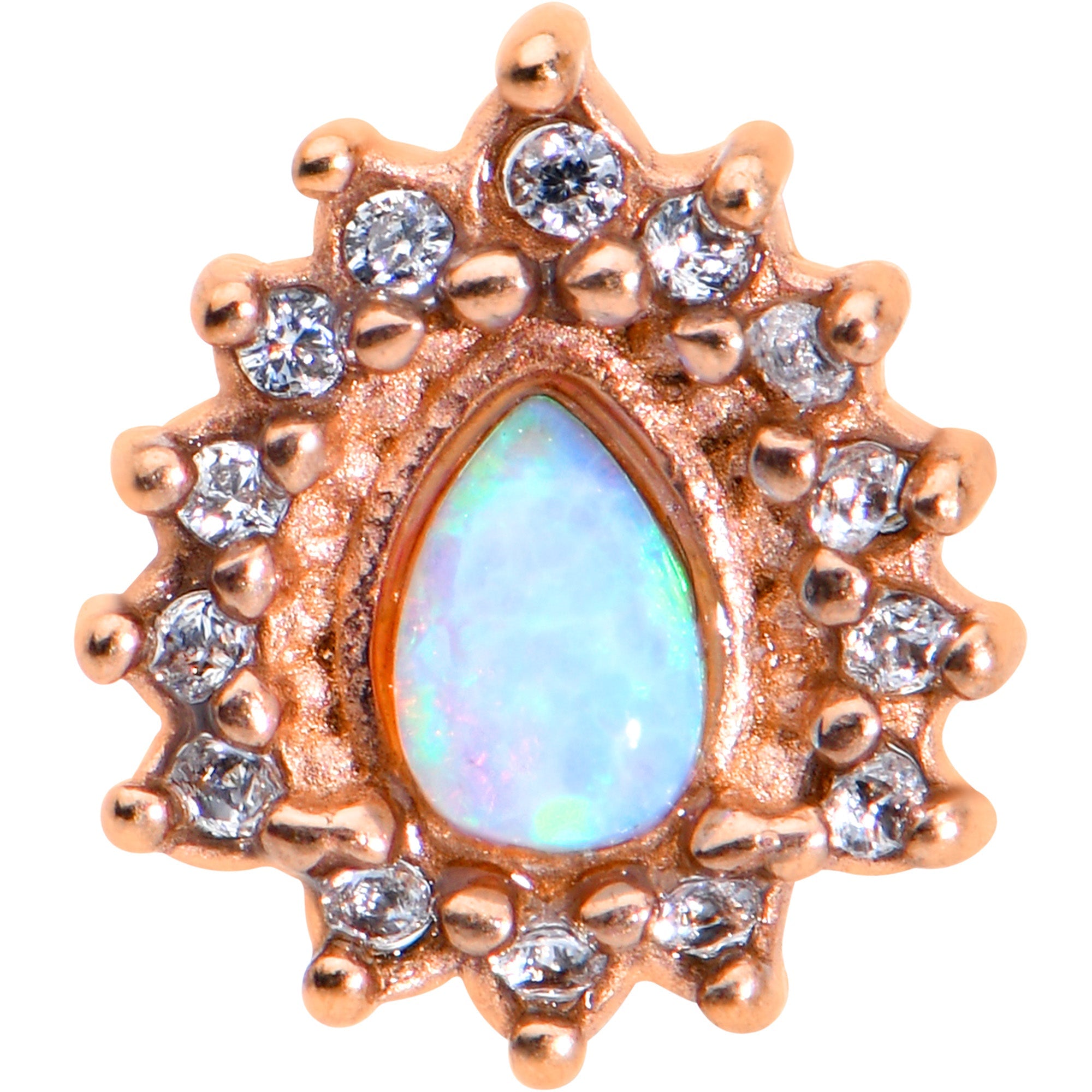 BodyCandy White Synthetic Opal Rose Gold Tone Drop Barbell Tongue Ring — detail close-up
