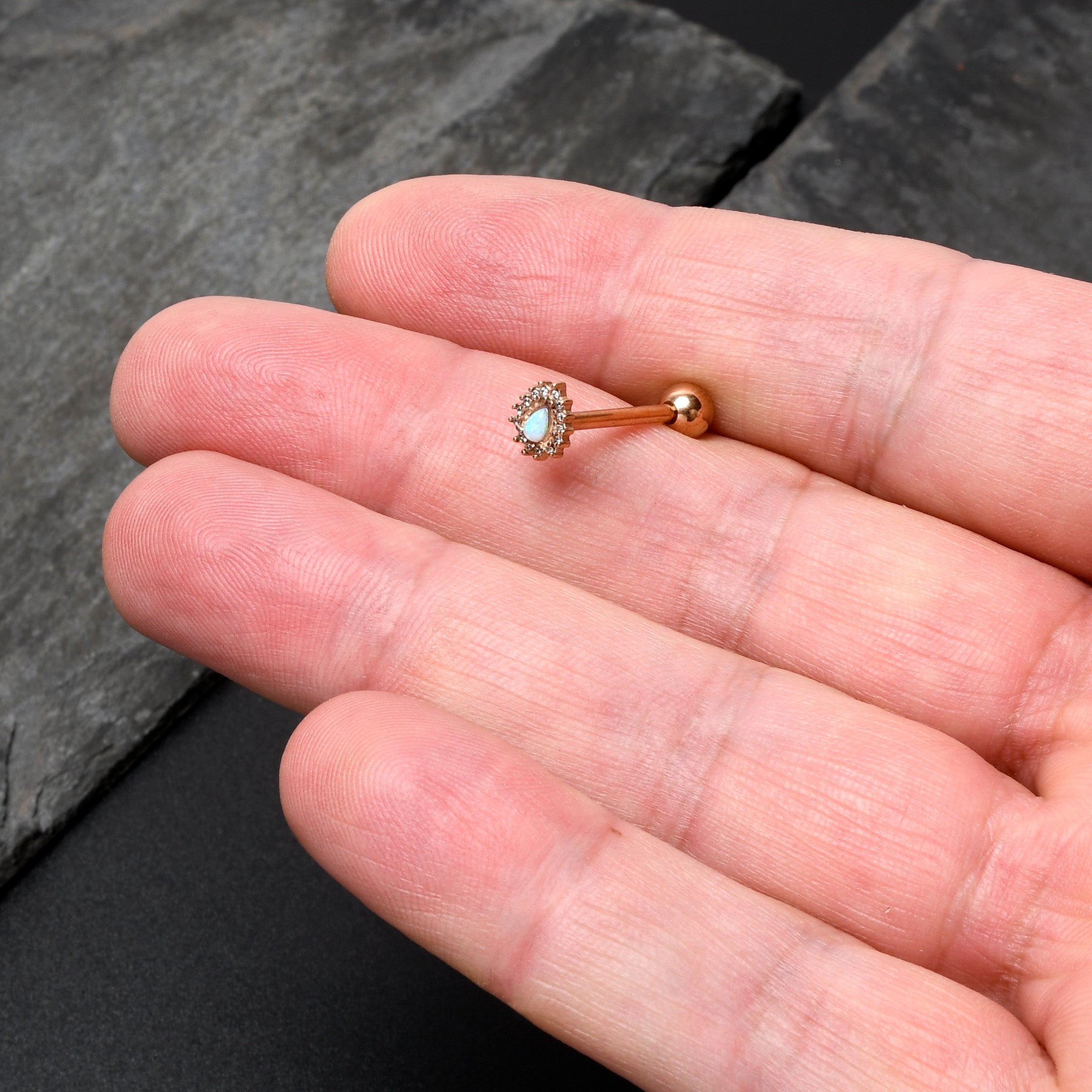 BodyCandy White Synthetic Opal Rose Gold Tone Drop Barbell Tongue Ring — side view