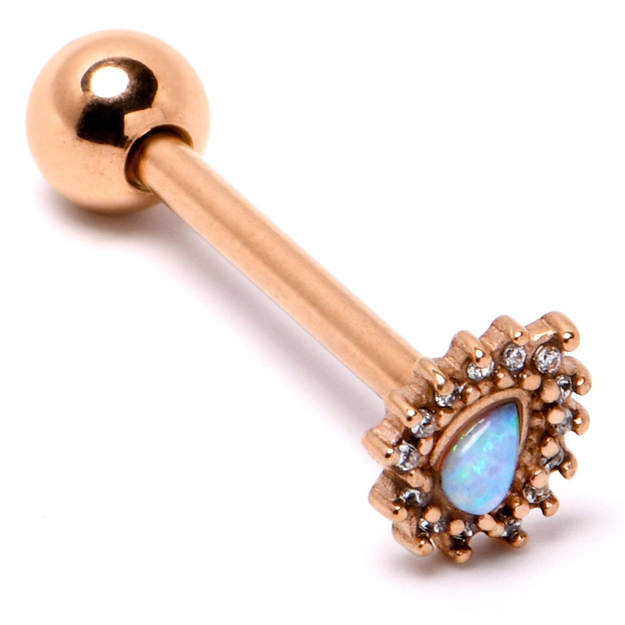 BodyCandy White Synthetic Opal Rose Gold Tone Drop Barbell Tongue Ring — back view
