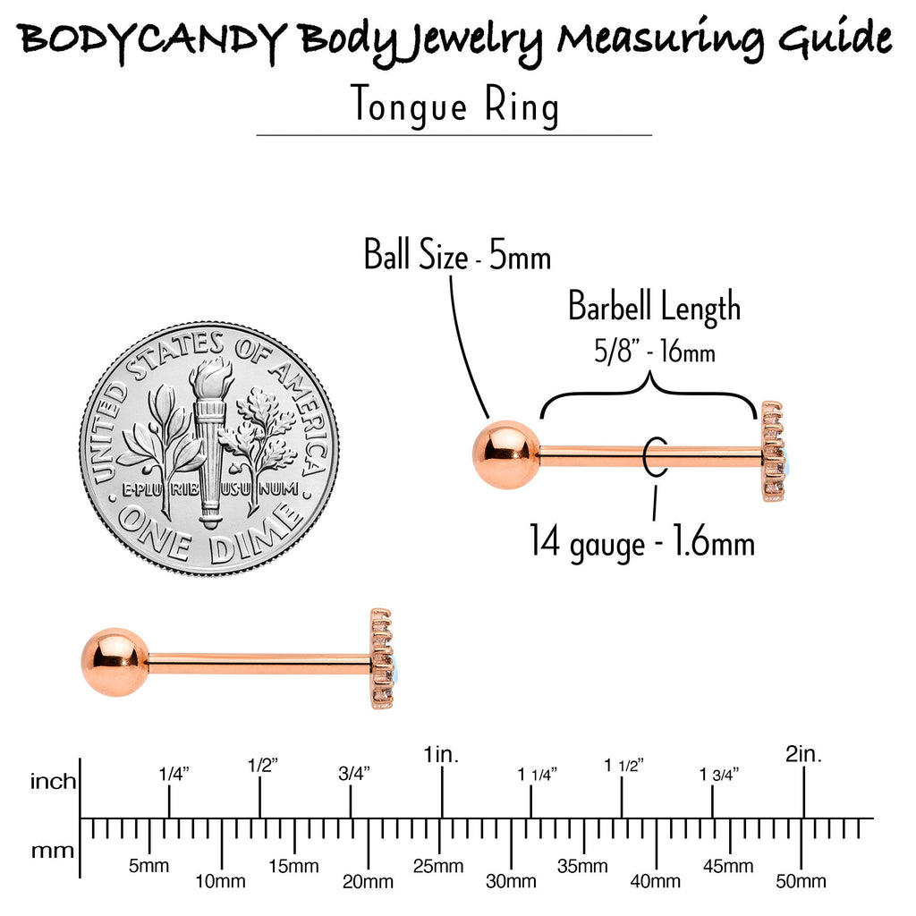 BodyCandy White Synthetic Opal Rose Gold Tone Drop Barbell Tongue Ring — in-use photo