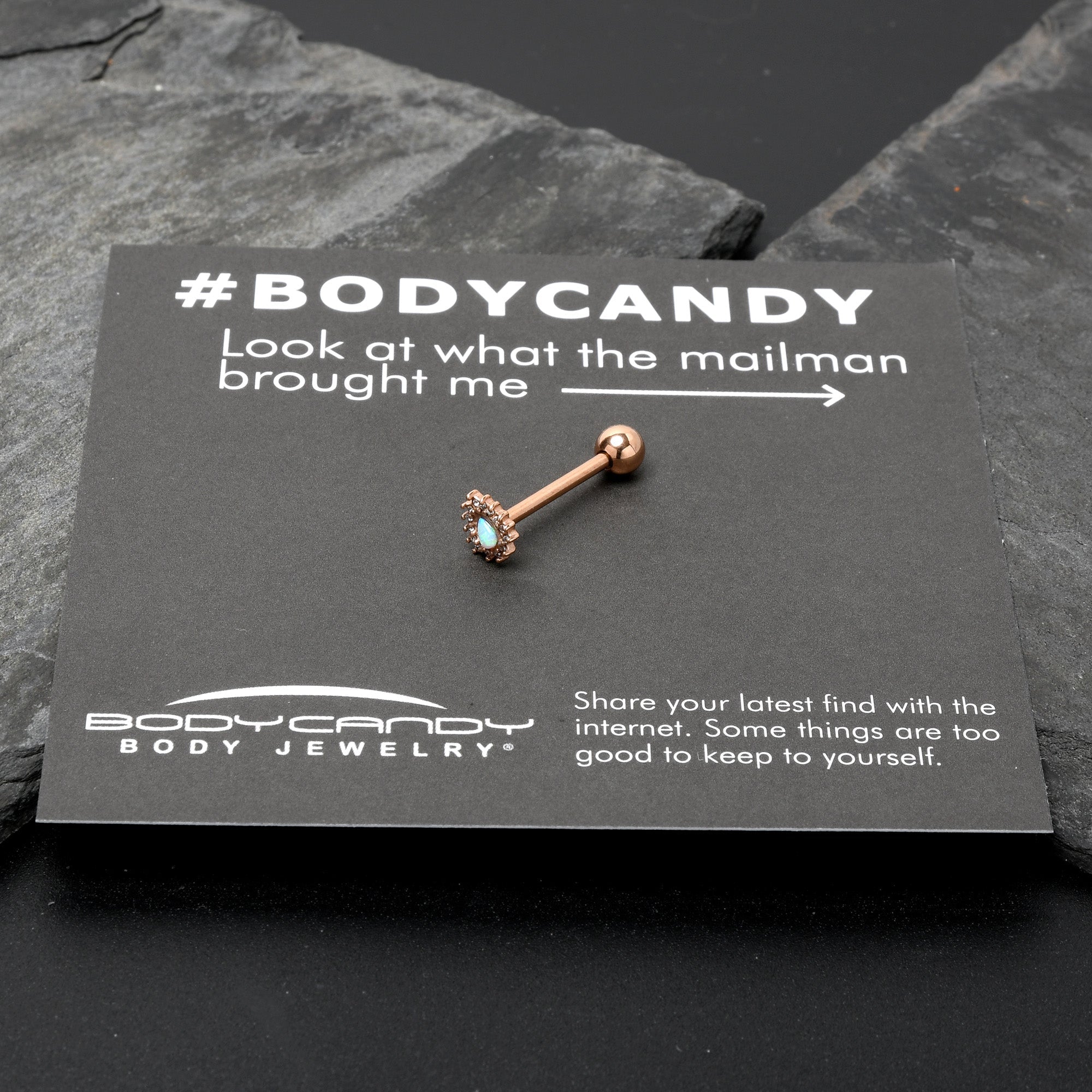 BodyCandy White Synthetic Opal Rose Gold Tone Drop Barbell Tongue Ring — size reference