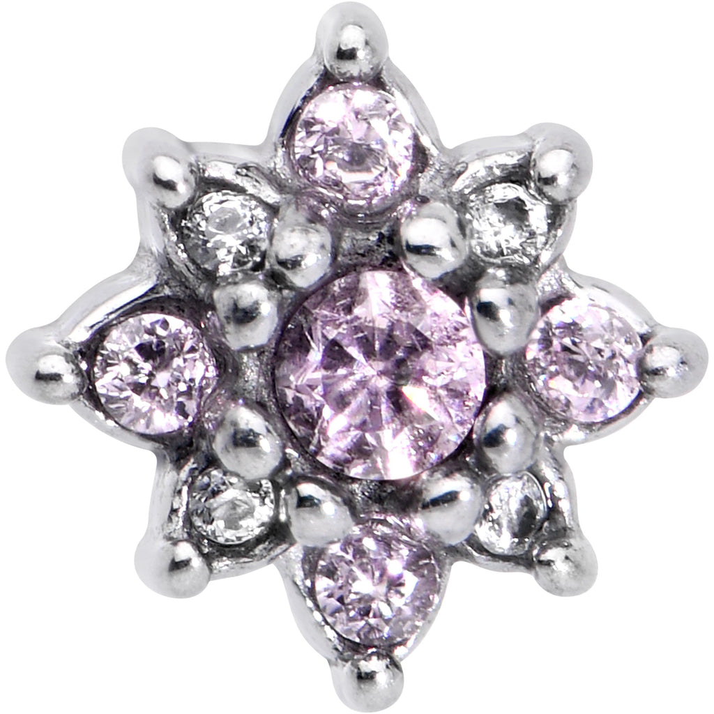 BodyCandy Pink Clear Gem Stylish Snowflake Barbell Tongue Ring — detail close-up