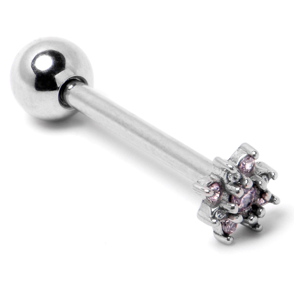 BodyCandy Pink Clear Gem Stylish Snowflake Barbell Tongue Ring — back view