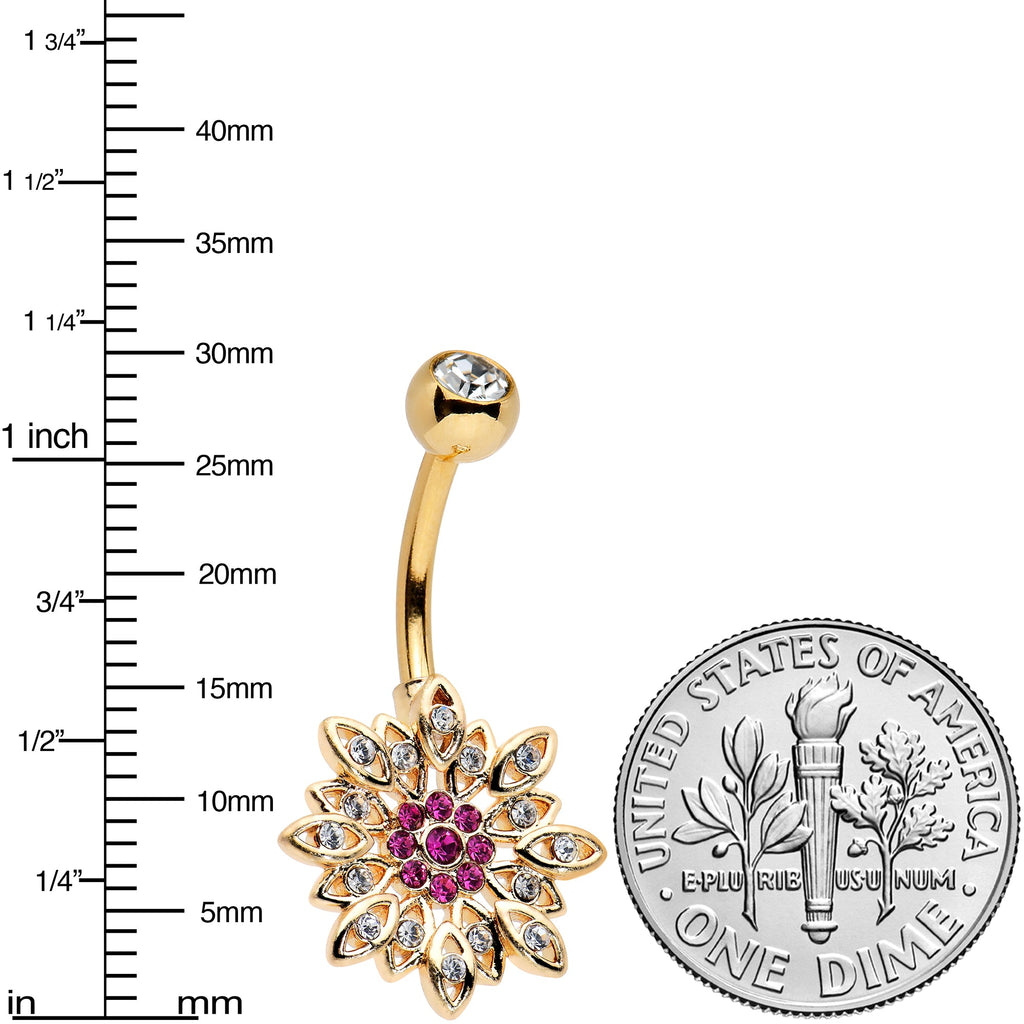 BodyCandy Pink Clear Gem Gold Tone Opulent Starry Flower Belly Ring — detail close-up