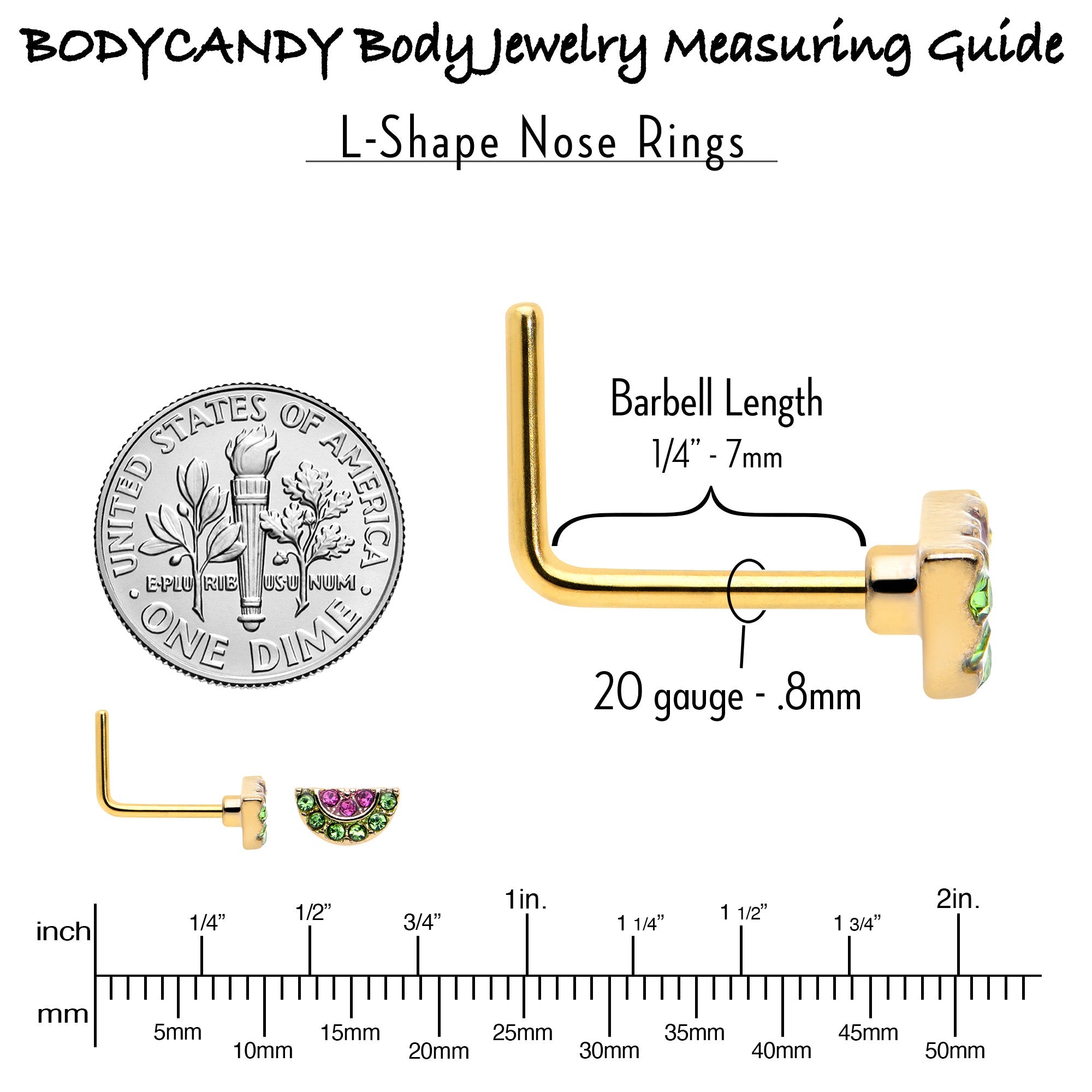 BodyCandy 20G 7mm Pink Gem Gold Tone Watermelon Yum L Shape Nose Ring — back view
