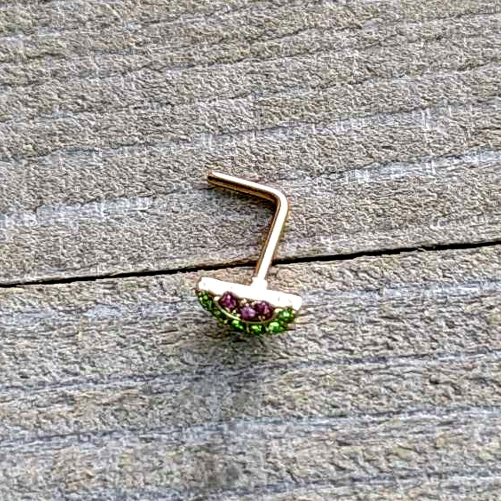 BodyCandy 20G 7mm Pink Gem Gold Tone Watermelon Yum L Shape Nose Ring — alternative angle