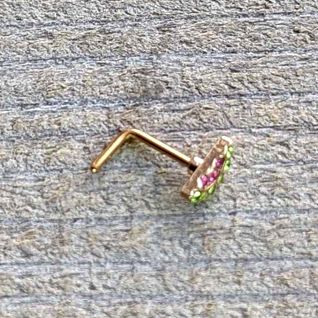 BodyCandy 20G 7mm Pink Gem Gold Tone Watermelon Yum L Shape Nose Ring — in-use photo