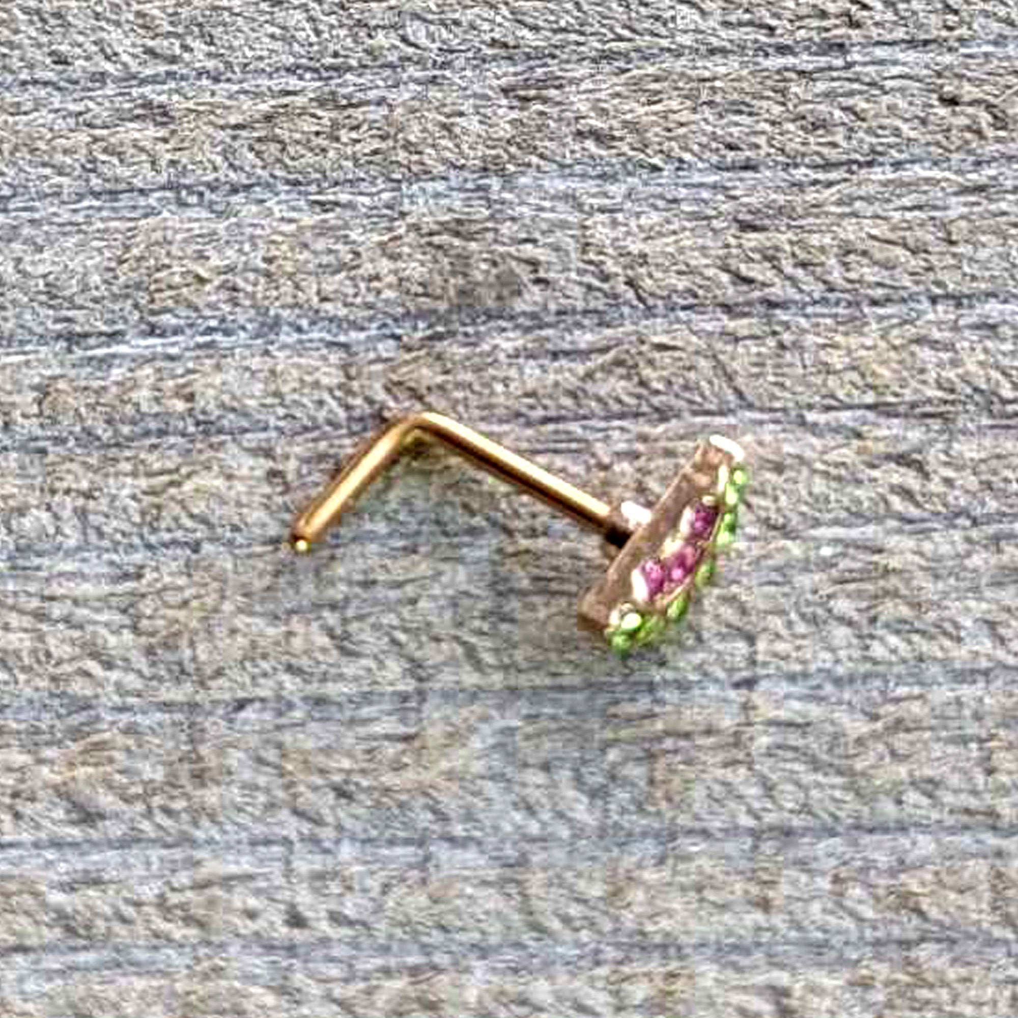 BodyCandy 20G 7mm Pink Gem Gold Tone Watermelon Yum L Shape Nose Ring — in-use photo