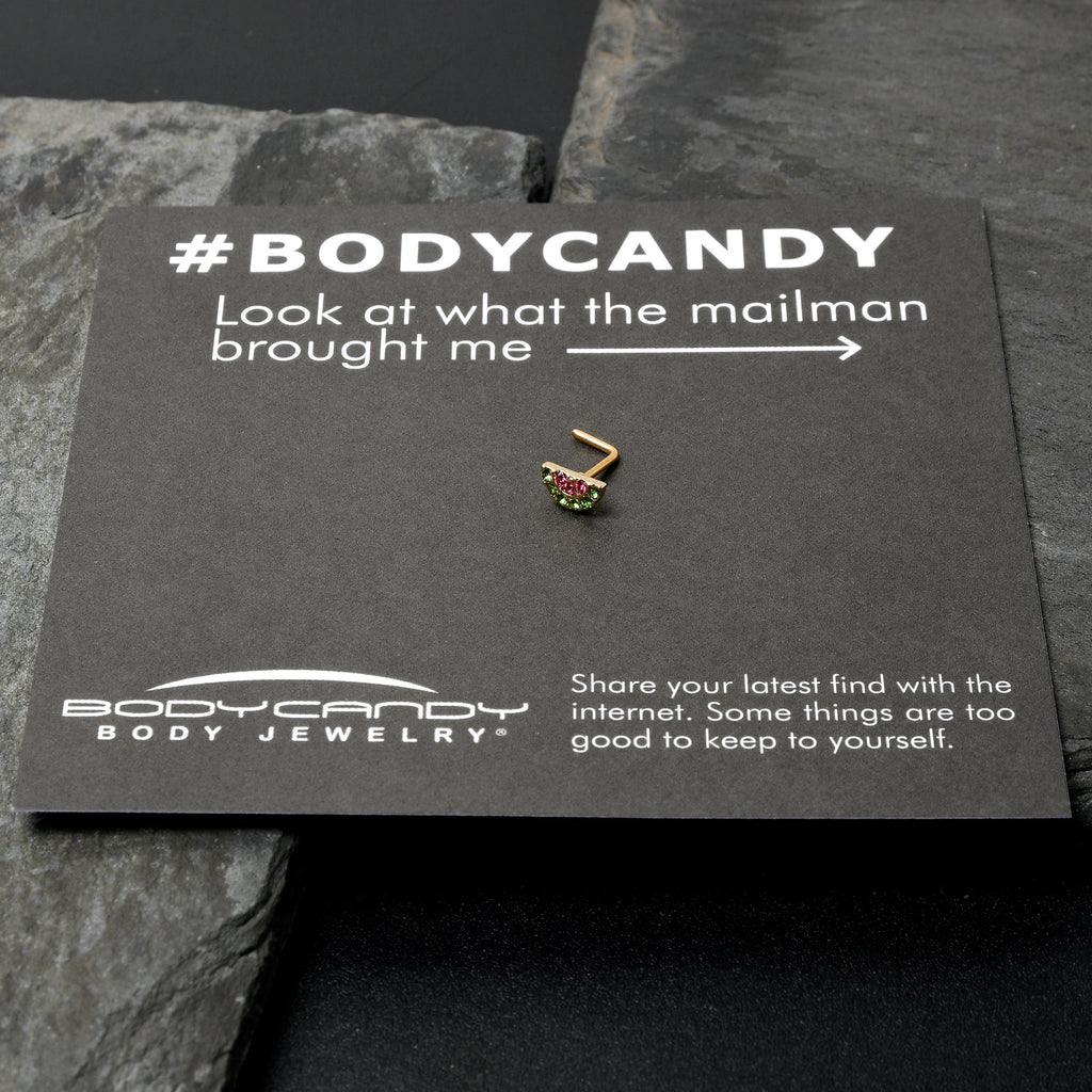 BodyCandy 20G 7mm Pink Gem Gold Tone Watermelon Yum L Shape Nose Ring — size reference
