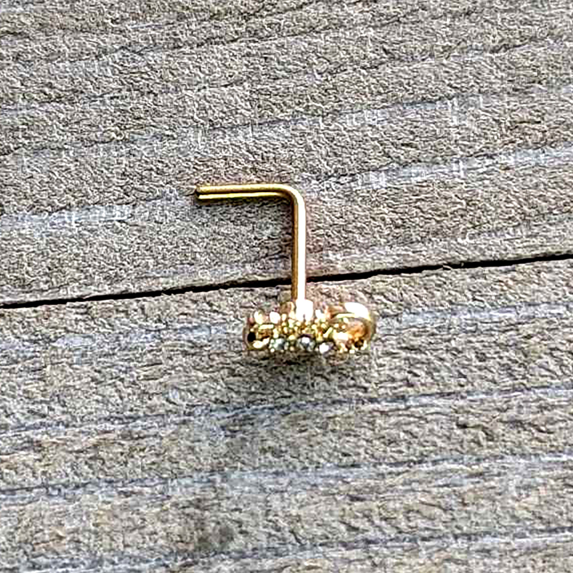 BodyCandy 20G 7mm Clear Gem Gold Tone Luscious Lizard L Shape Nose Ring — in-use photo