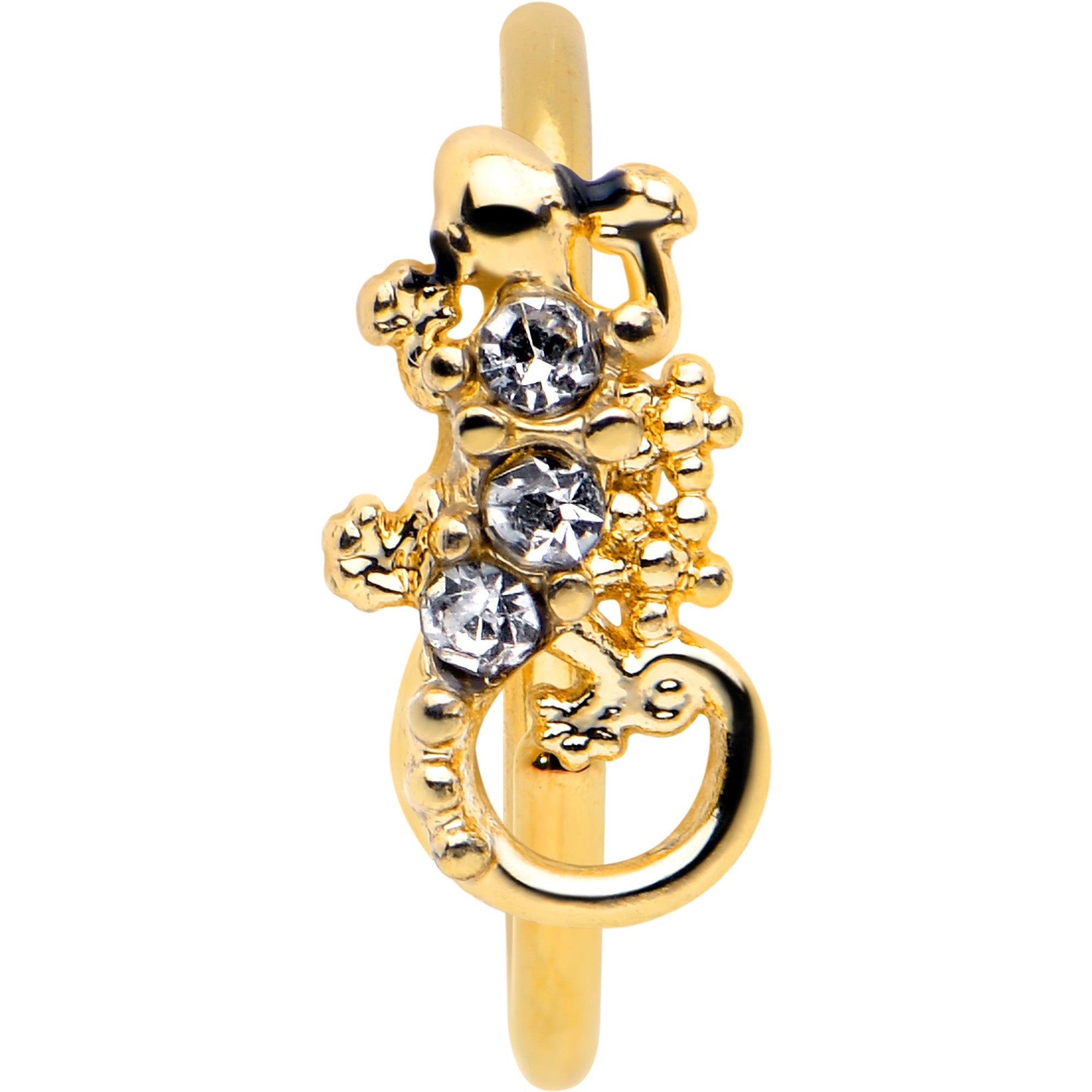 BodyCandy 20G 5/16 Clear Gem Gold Tone Luscious Lizard Nose Hoop — detail close-up