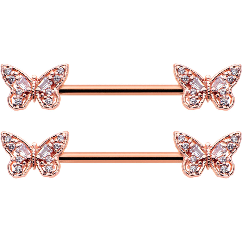BodyCandy 14G 9/16 Clear Gem Rosy Tone Baroque Butterfly Nipple Ring Set — detail close-up